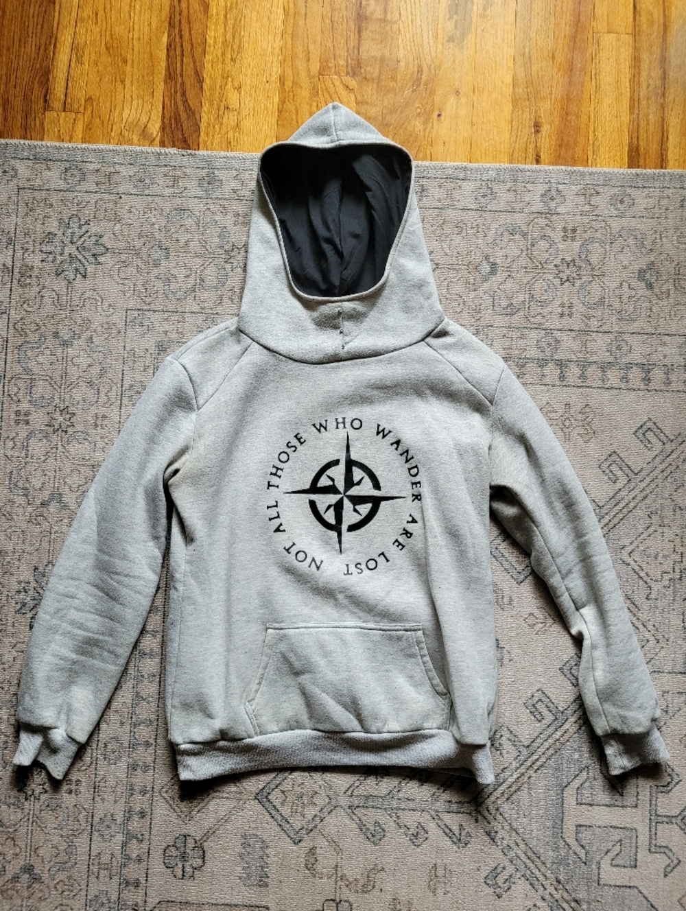 Woman's Light Gray Hooded Sweatshirt with LOTR Quote And Compass Graphic